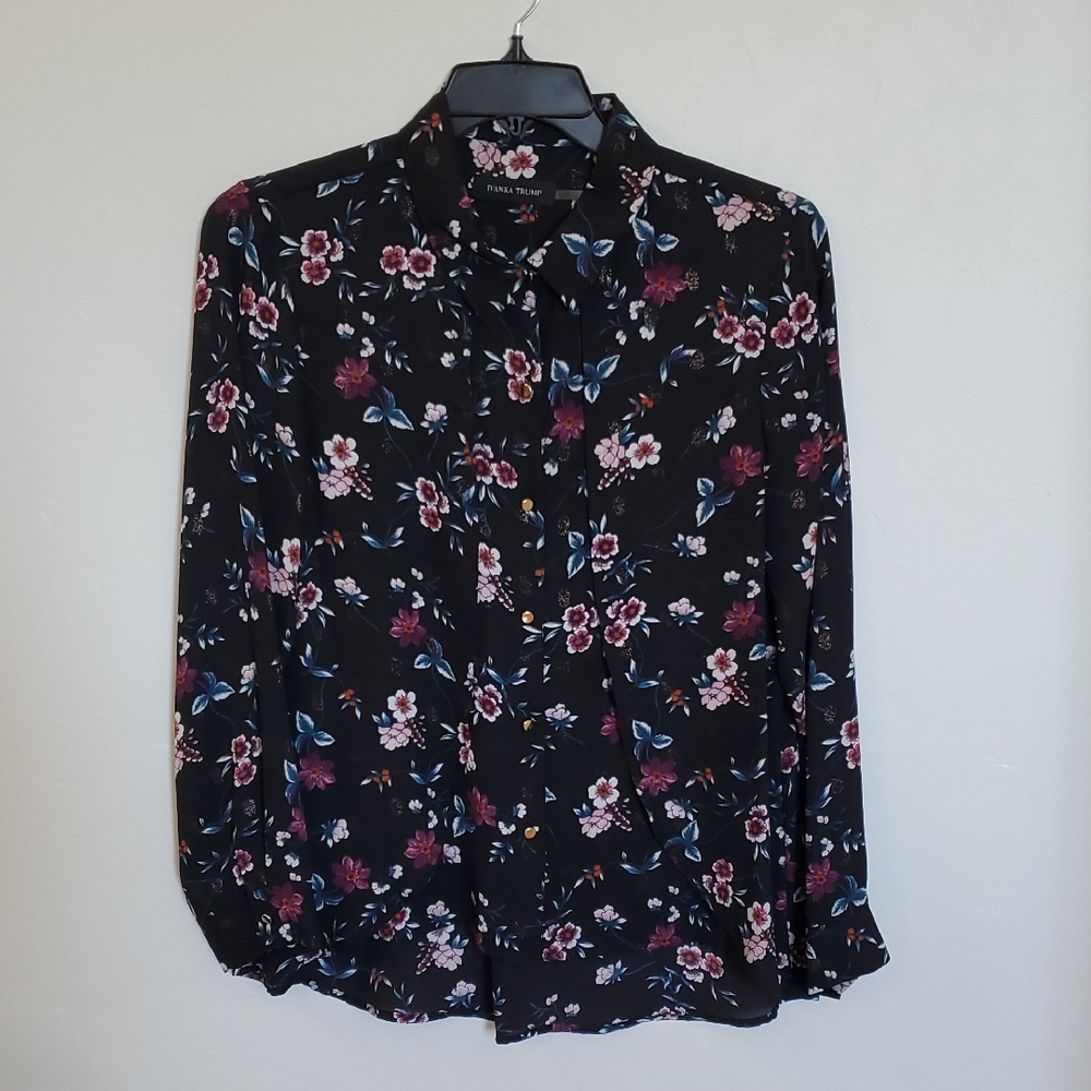 Black Flowy Blouse Button Front Collar L